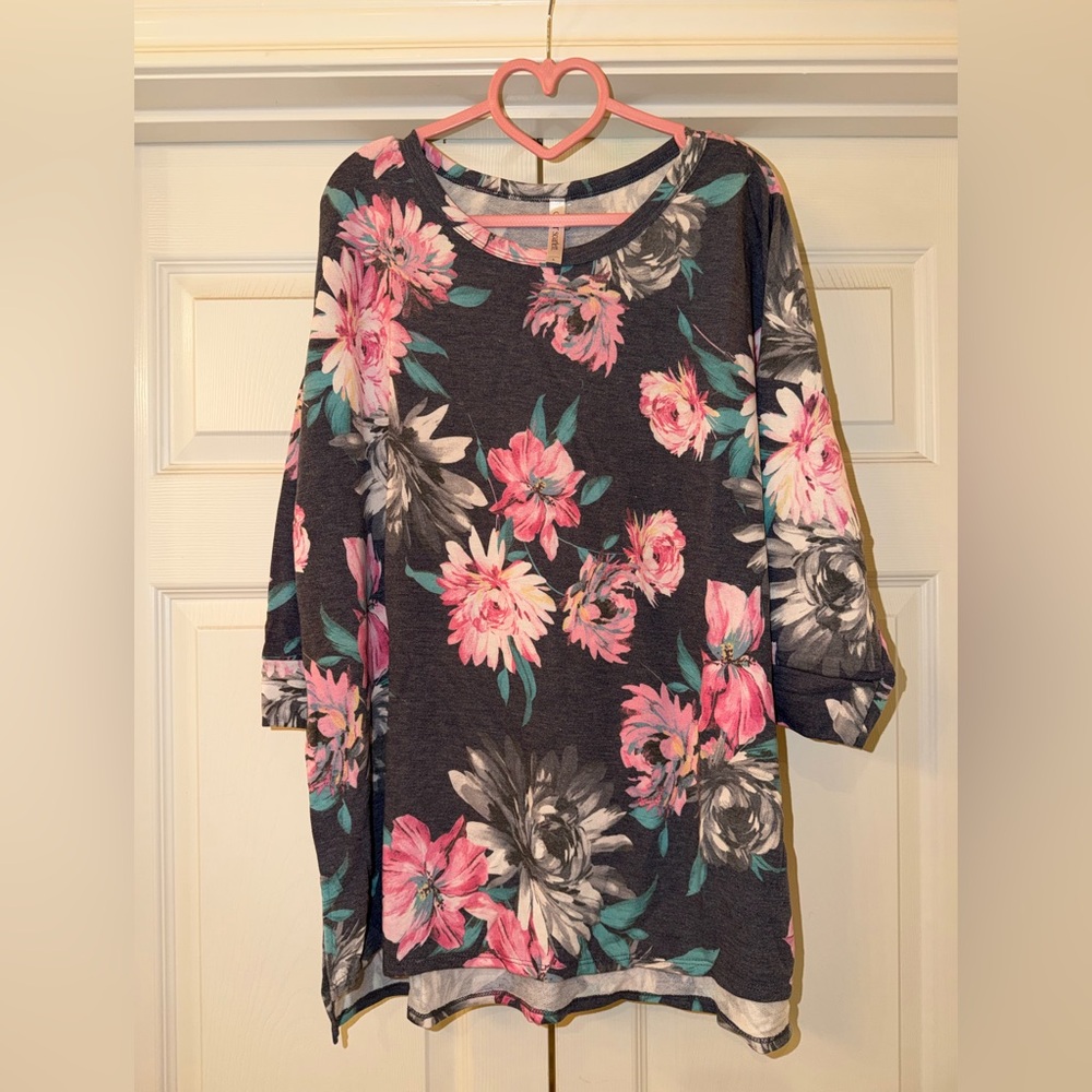 Floral Print Three-Quarter Sleeve Blouse - Dark Gray/Pink